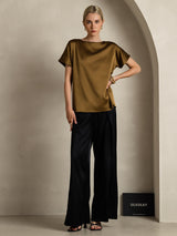 [Brown] SilkSilky-AU 19Momme Stretch Silk Charmeuse Short Sleeve Boat Neck Women's T-Shirt 001