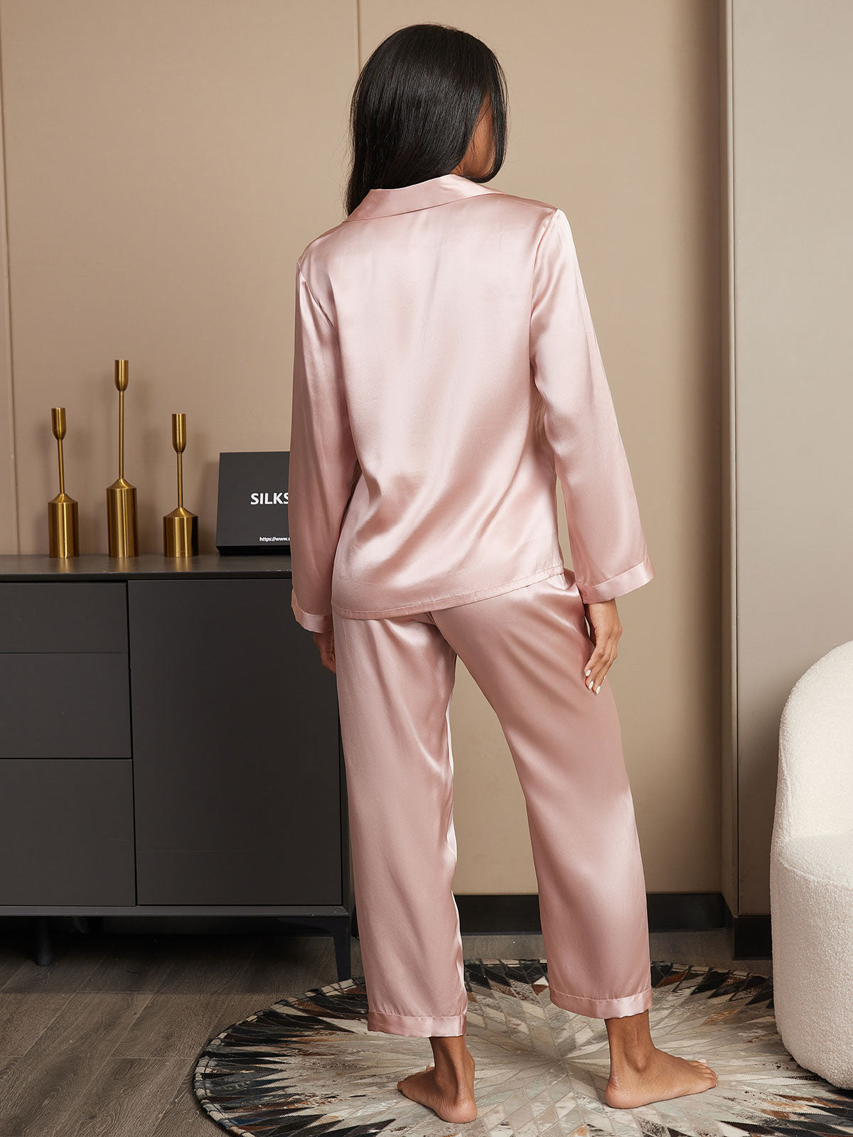 SilkSilky-AU Pure Silk Long Sleeve Lapel Women's Pyjamas Pink 002