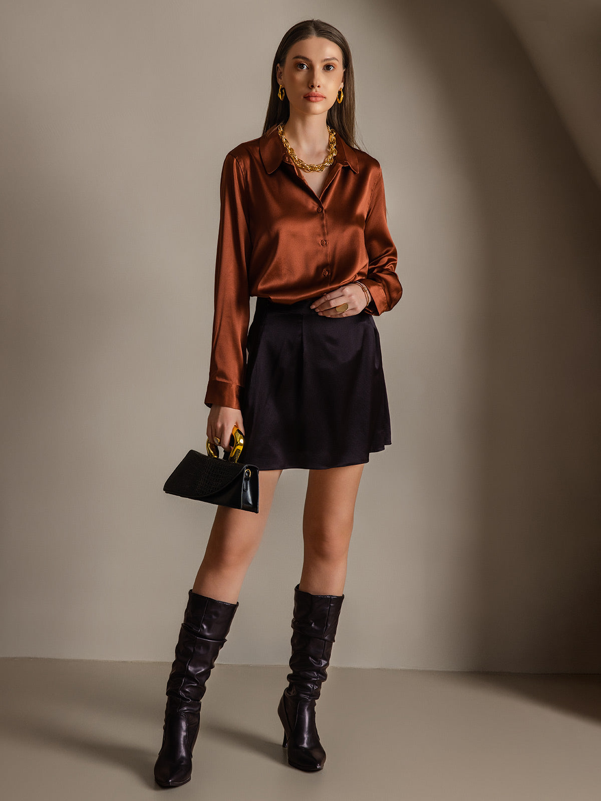 [Caramel] SilkSilky-AU Silk Long Sleeve Lapel Collar Women's Shirt 005