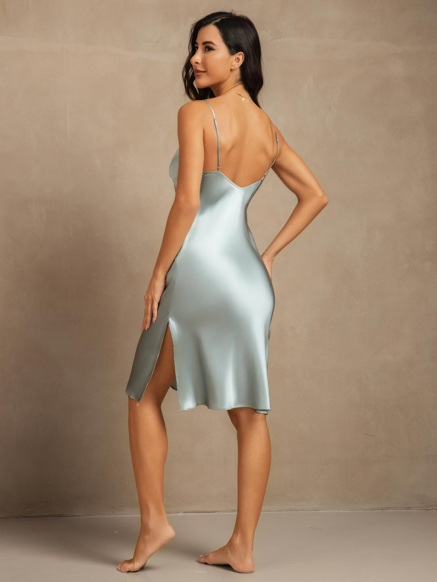 [Light Blue] SilkSilky-AU Pure Silk Deep V Neck Dress 002