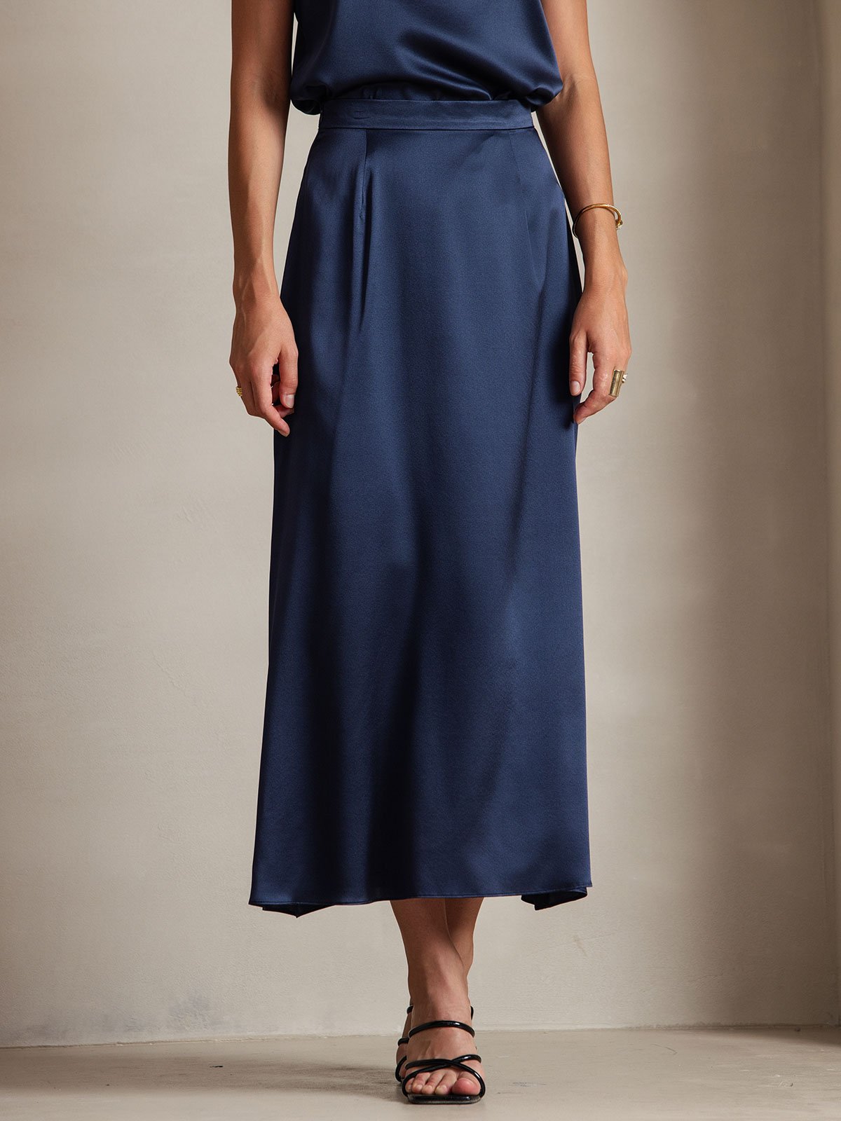 [Dark Blue] SilkSilky-AU 19Momme Stretch Silk Charmeuse Skirt 003