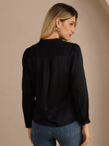 [Black] SilkSilky-AU Long Sleeve Wrap Women's Blouse 002