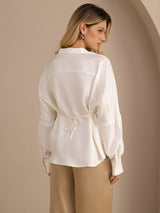 [White] SilkSilky-AU Long Sleeve Split Women's Blouse 002