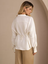 [White] SilkSilky-AU Long Sleeve Split Women's Blouse 002