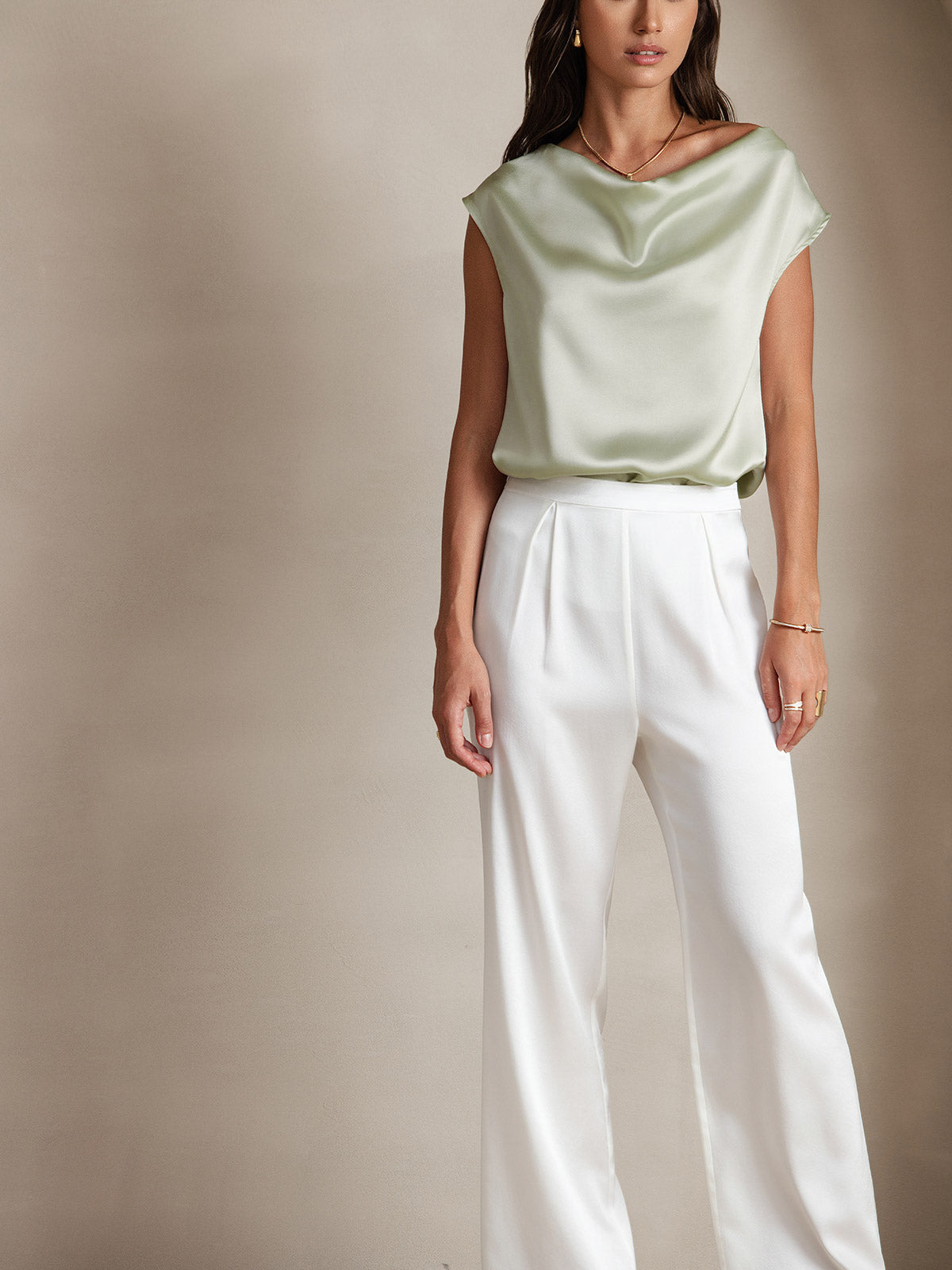 [Light Green] SilkSilky-AU 19Momme Silk Sleeveless Cowl Neck Women's T-Shirt 005