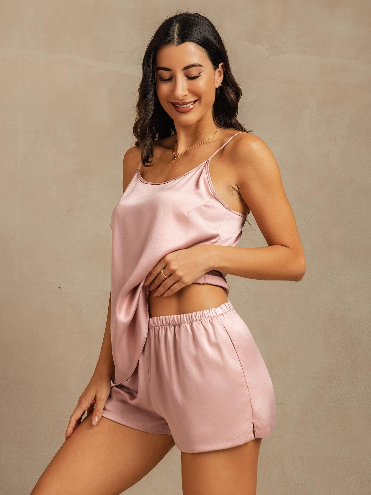 [Peach Skin] SilkSilky-AU 19Momme Machine-Washable Silk Round Neck Camisole Set 003