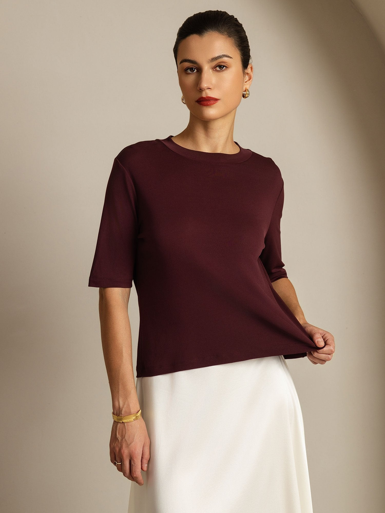 [Windsor Wine] SilkSilky-AU Pure Silk Round Neck Women's T-Shirt 006
