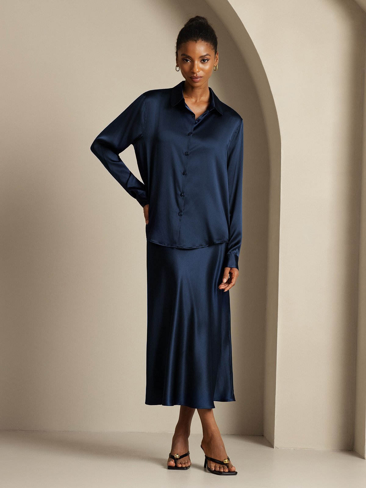 [Dark Blue] SilkSilky-AU 19Momme Silk Knitted Lapel Collar Women''s Outfit Sets 006,