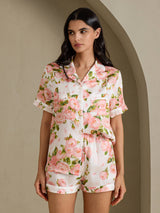 [White Peony] SilkSilky-AU Short Sleeve Notch Collar Women's Pyjamas 001