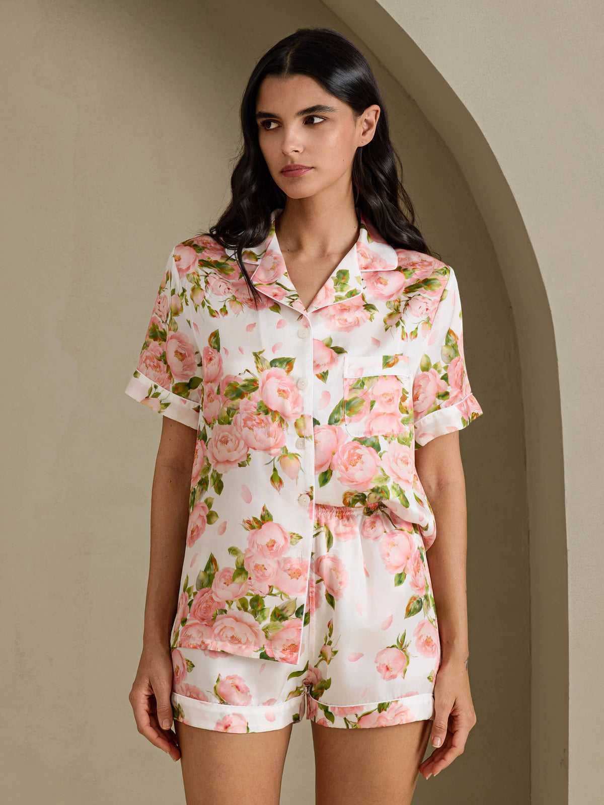 [White Peony] SilkSilky-AU Short Sleeve Notch Collar Women's Pyjamas 001