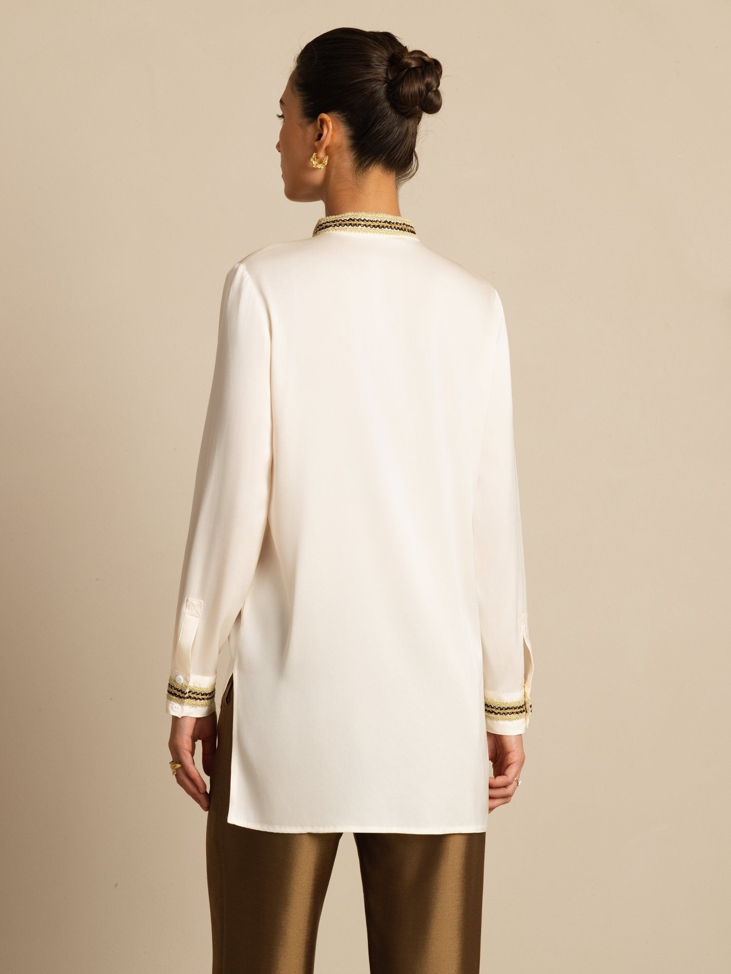 [Sea Pearl] SilkSilky-AU 19Momme Stretch Silk Double Georgette Long Sleeve Stand Collar Blouse 002