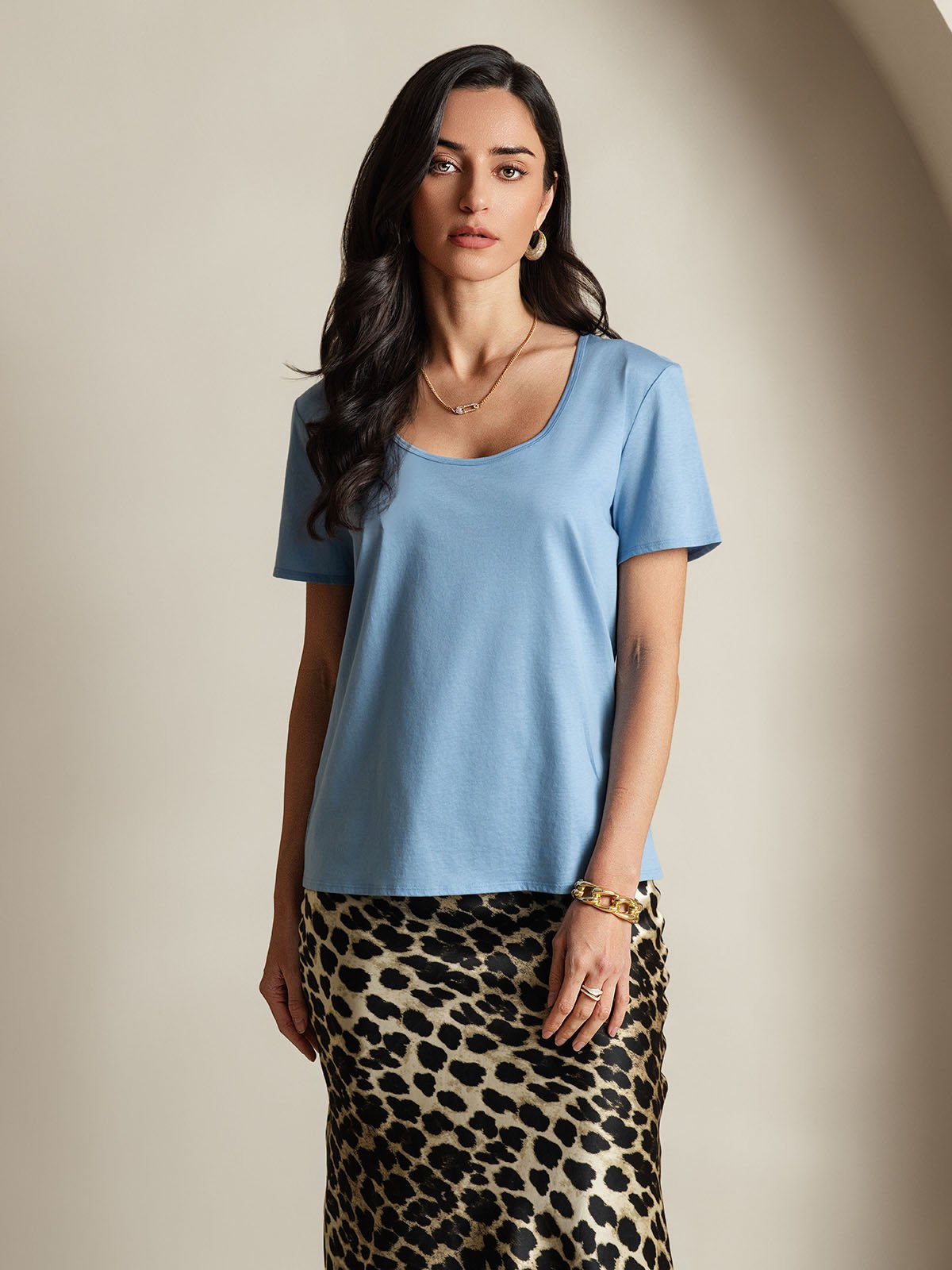 SilkSilky-AU Silk Short Sleeve U Neck Women's T-Shirt Blue 003