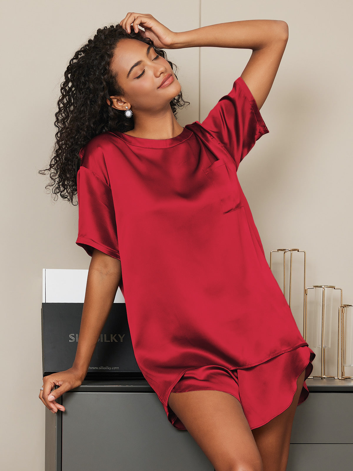 [Wine] SilkSilky-AU Pure Silk Round Neck Women's Pyjamas 005