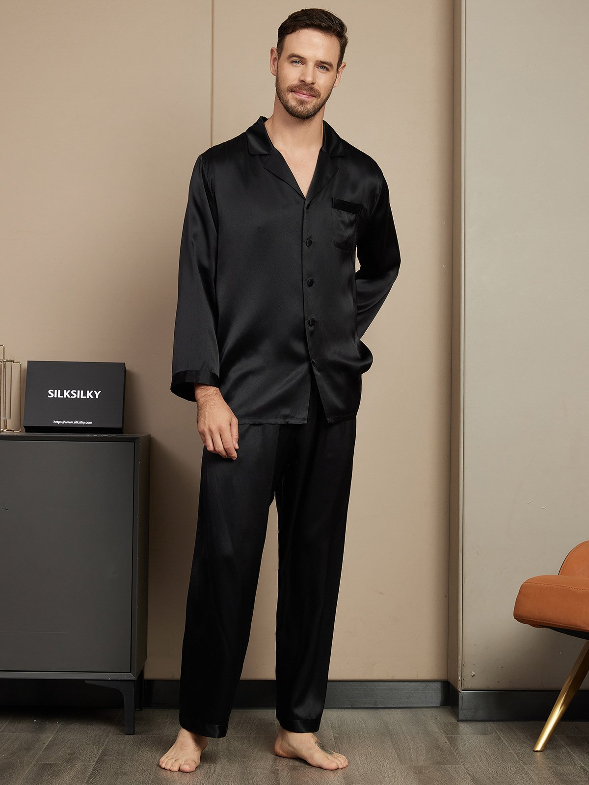 SilkSilky AU Pure Silk Long Sleeve Mens Pajamas Black 005