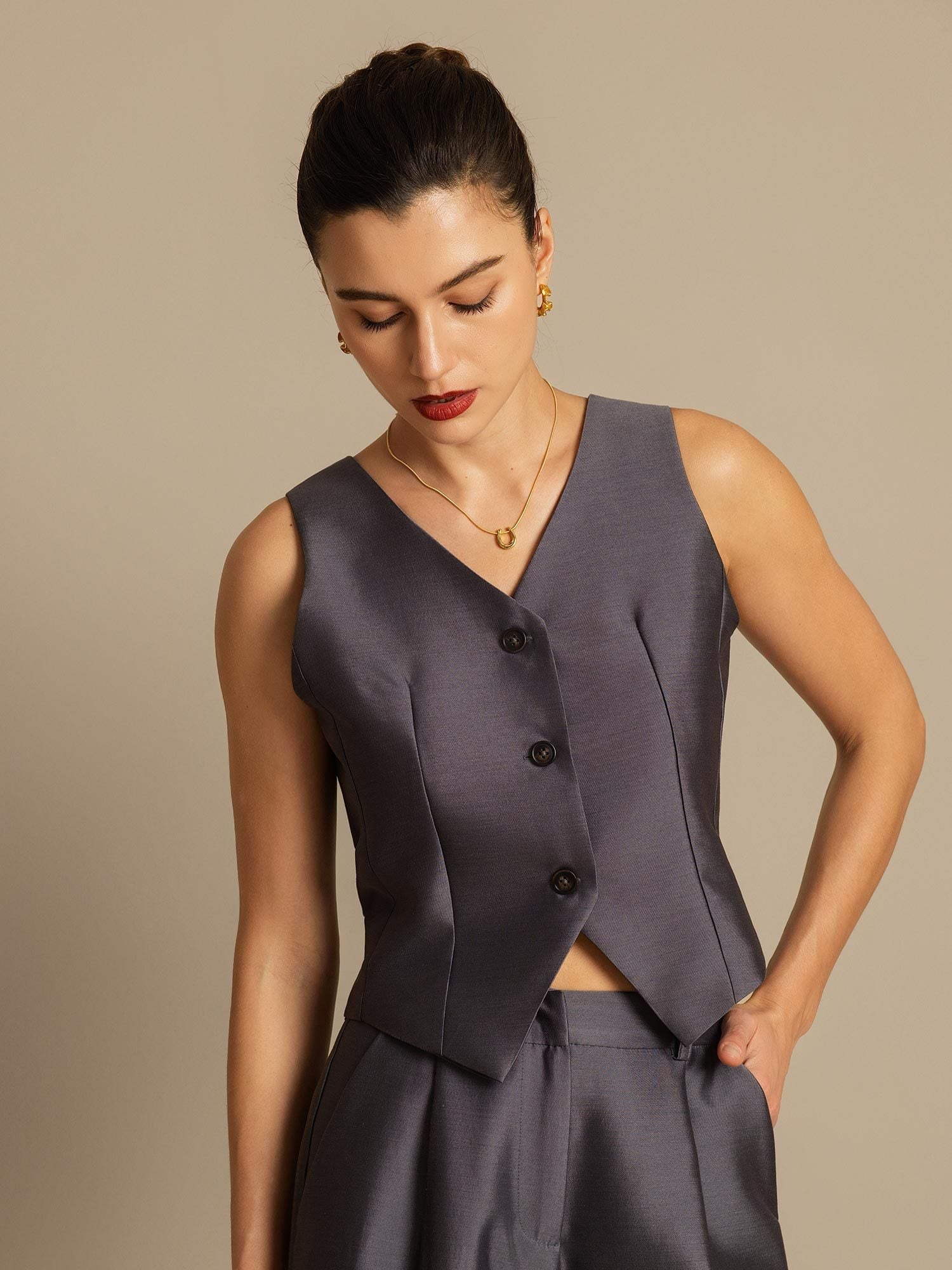 [Gray] SilkSilky-AU 32Momme Wool V Neck Women's Vest 007,