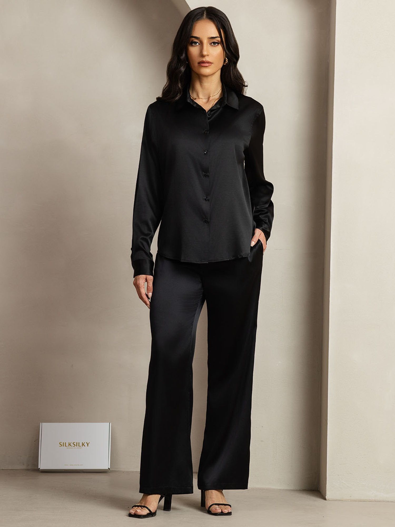 [Black] SilkSilky-AU 19Momme Silk Lapel Collar Women''s Outfit Sets 001