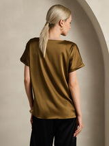 [Brown] SilkSilky-AU 19Momme Stretch Silk Charmeuse Short Sleeve Boat Neck Women's T-Shirt 002