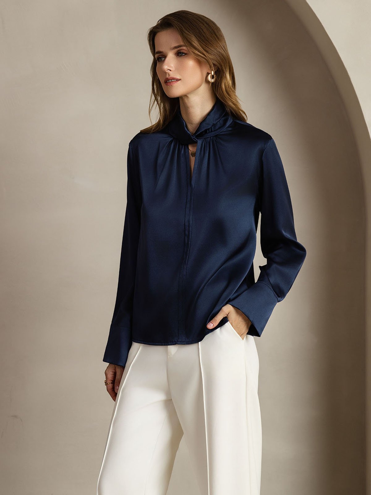 [DarkBlue] SilkSilky-AU 19Momme Silk Keyhole Neck Women's Shirt 003