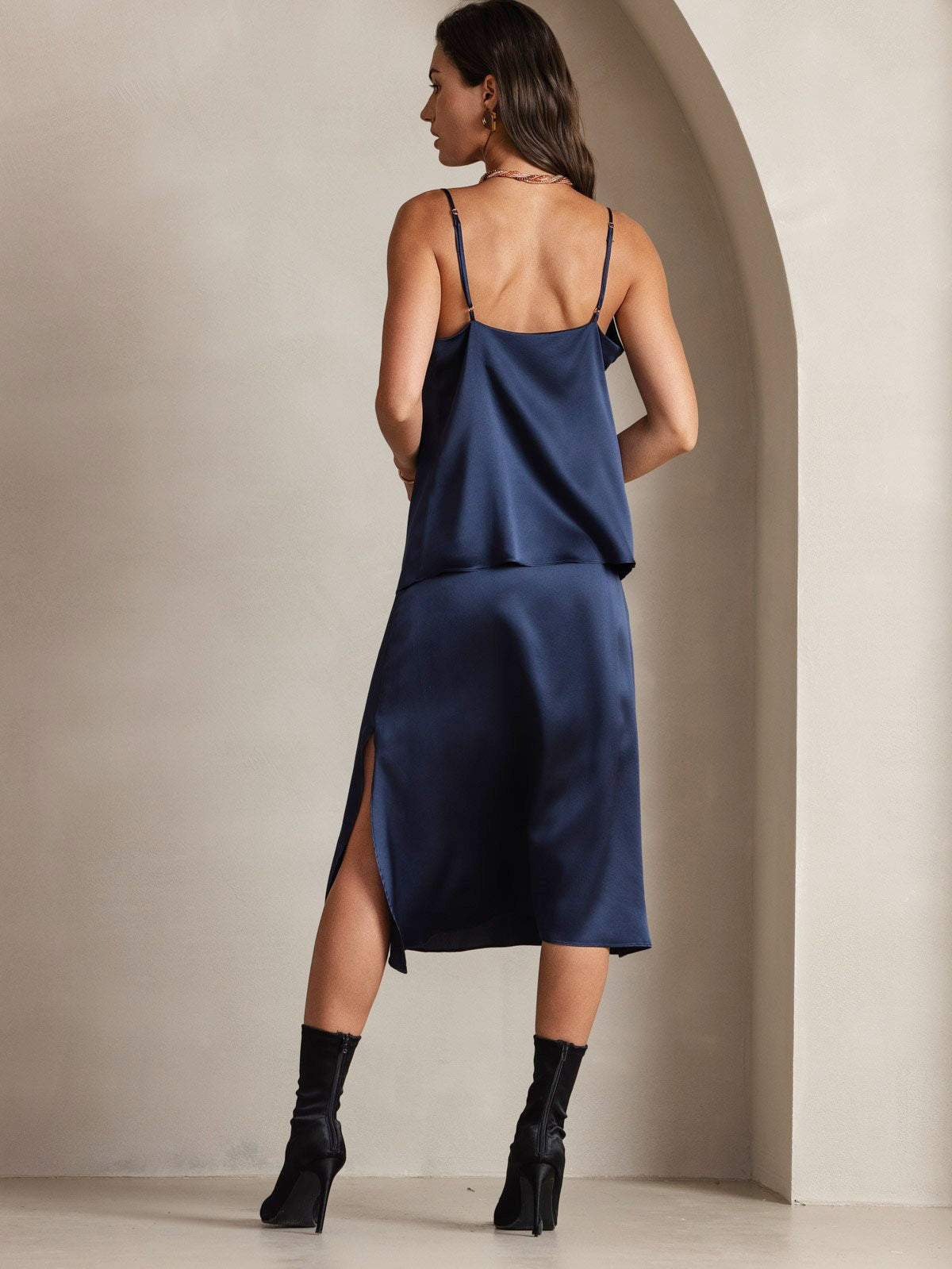 [Dark Blue] SilkSilky-AU 19Momme Silk Spaghetti Strap Cowl Neck Camisole 002