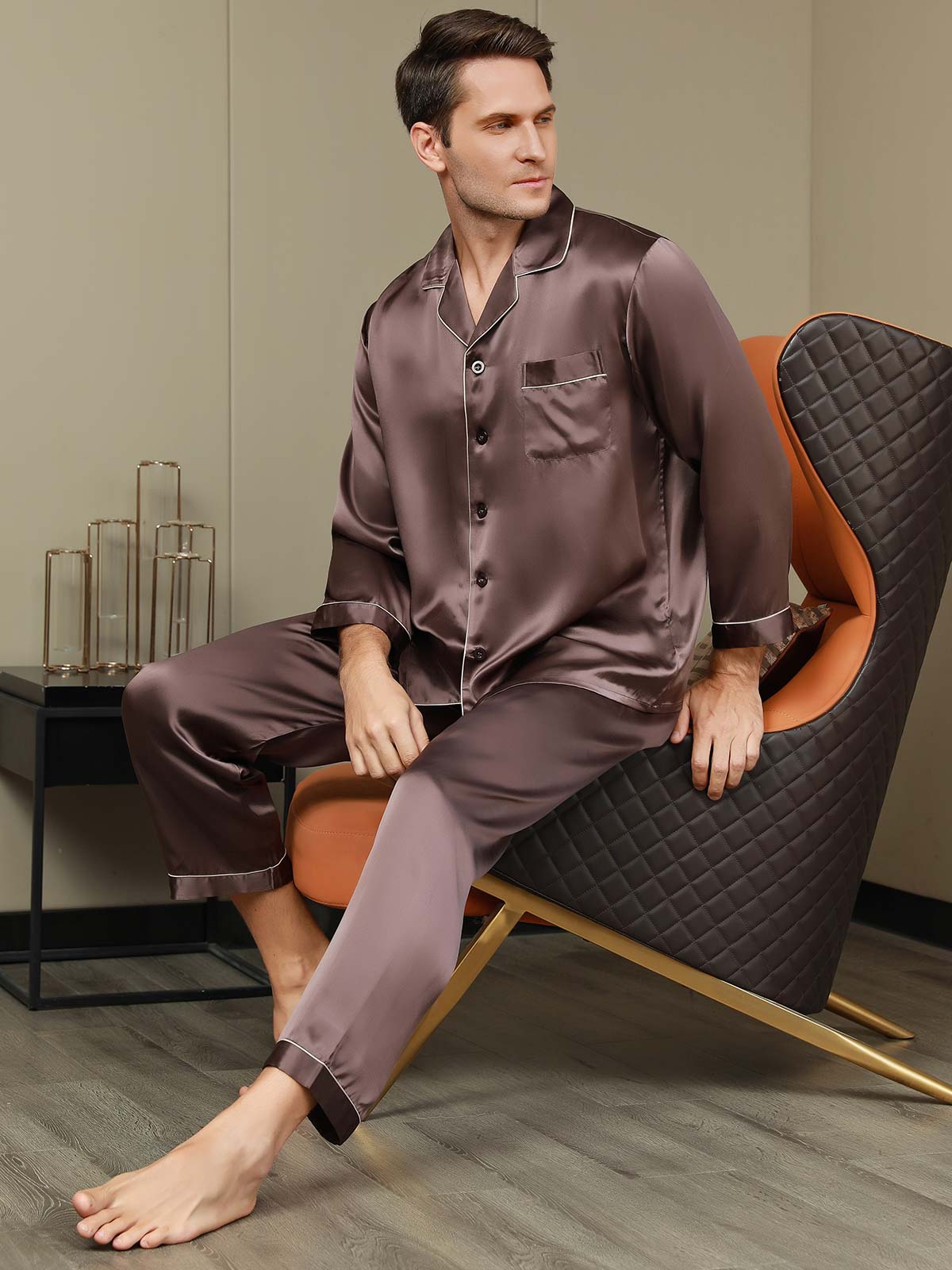 SilkSilky AU Pure Silk Long Sleeve Lapel Men's Pyjamas Coffee 001