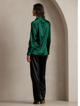 [Dark Green] SilkSilky-AU 19Momme Stretch Silk Charmeuse Long Sleeve Lapel Collar Women's Shirt 002