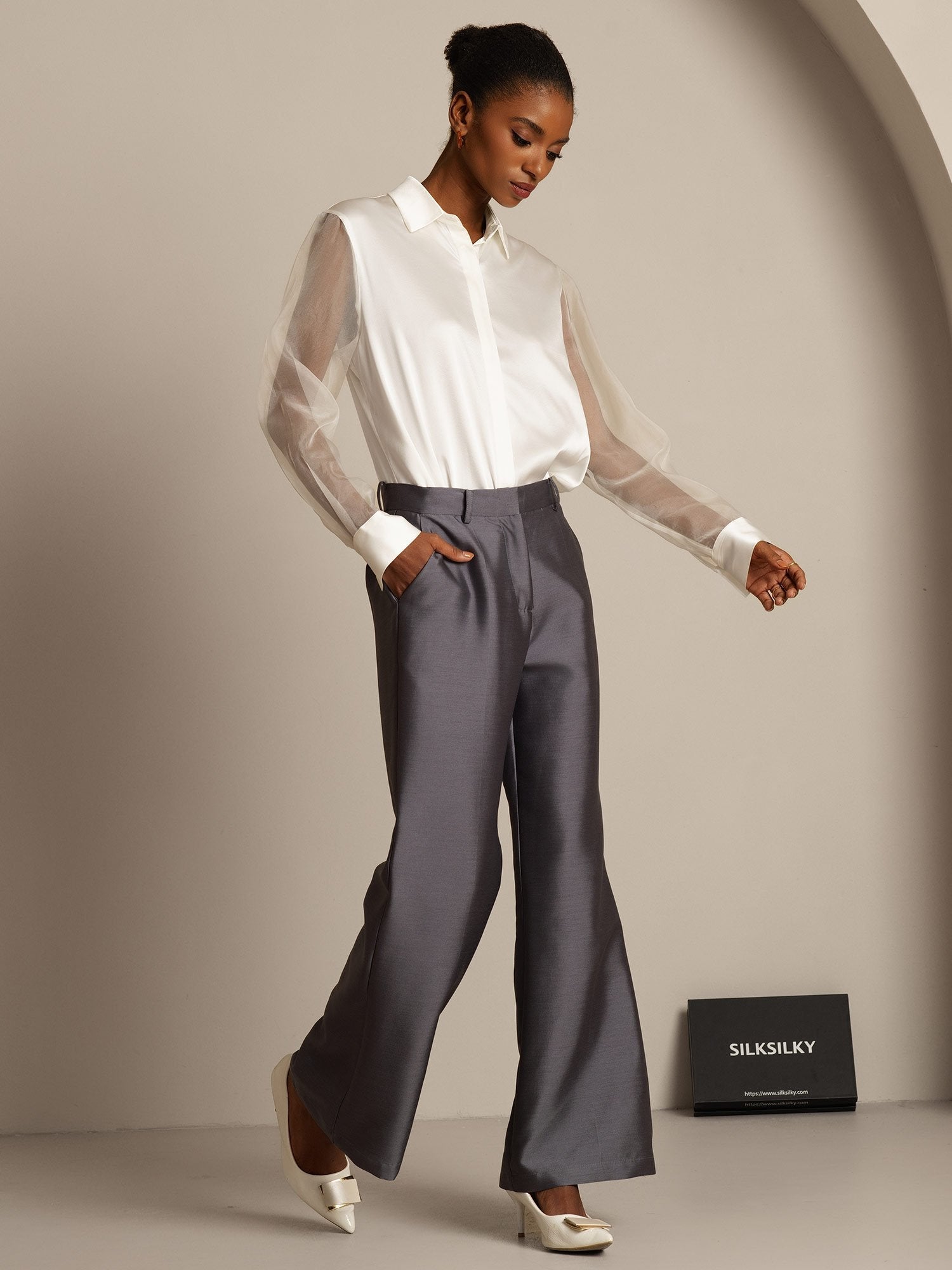 [Gray] SilkSilky-AU 32Momme Wool Womens Pants 008,