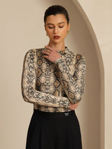 [Snakeskin] SilkSilky-AU 100% Silk Jersey Long Sleeve Mock Neck Women's T-Shirt 005