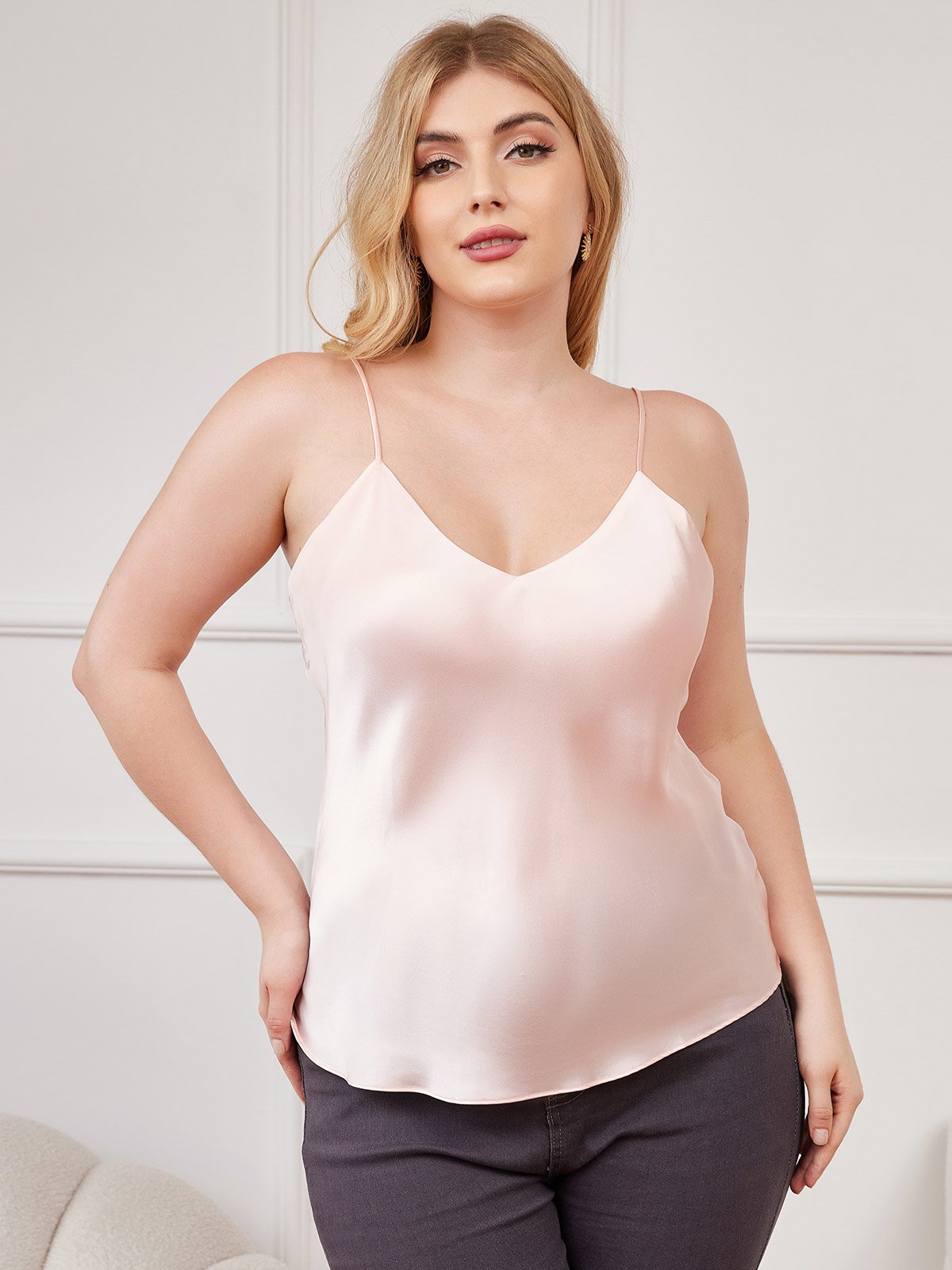 SilkSilky-AU Pure Silk Deep V Neck Plus Size Camisole Top Pink 001