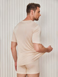 SilkSilky-AU Silk Knitted Short Sleeve V Neck Men's T-Shirt Beige 002