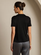 [Black] SilkSilky-AU 100% Silk Jersey Short Sleeve Mock Neck Women's T-Shirt 002