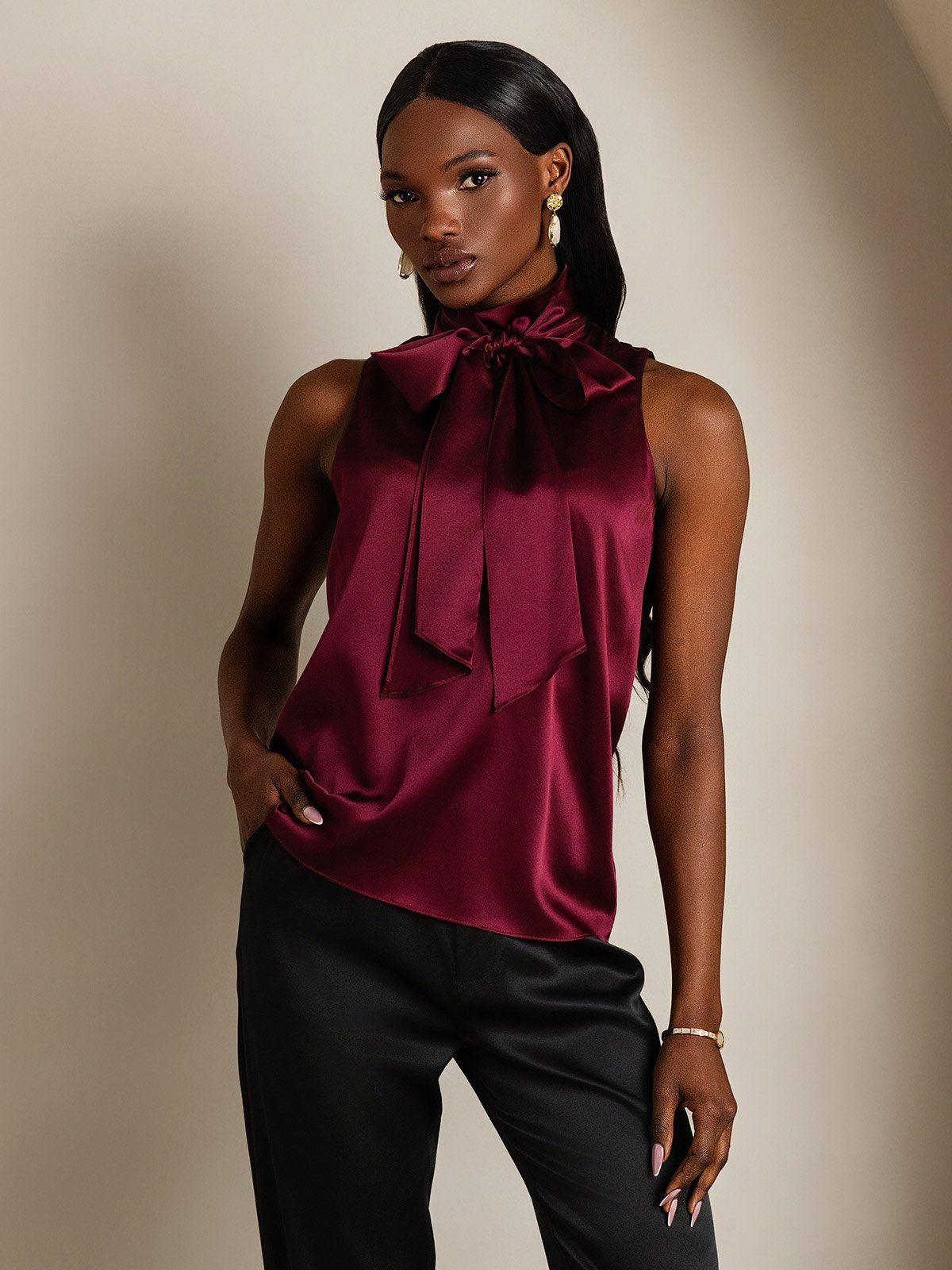 SilkSilky-AU 19Momme Silk Tie Neck Women's Shirt DarkRed 005