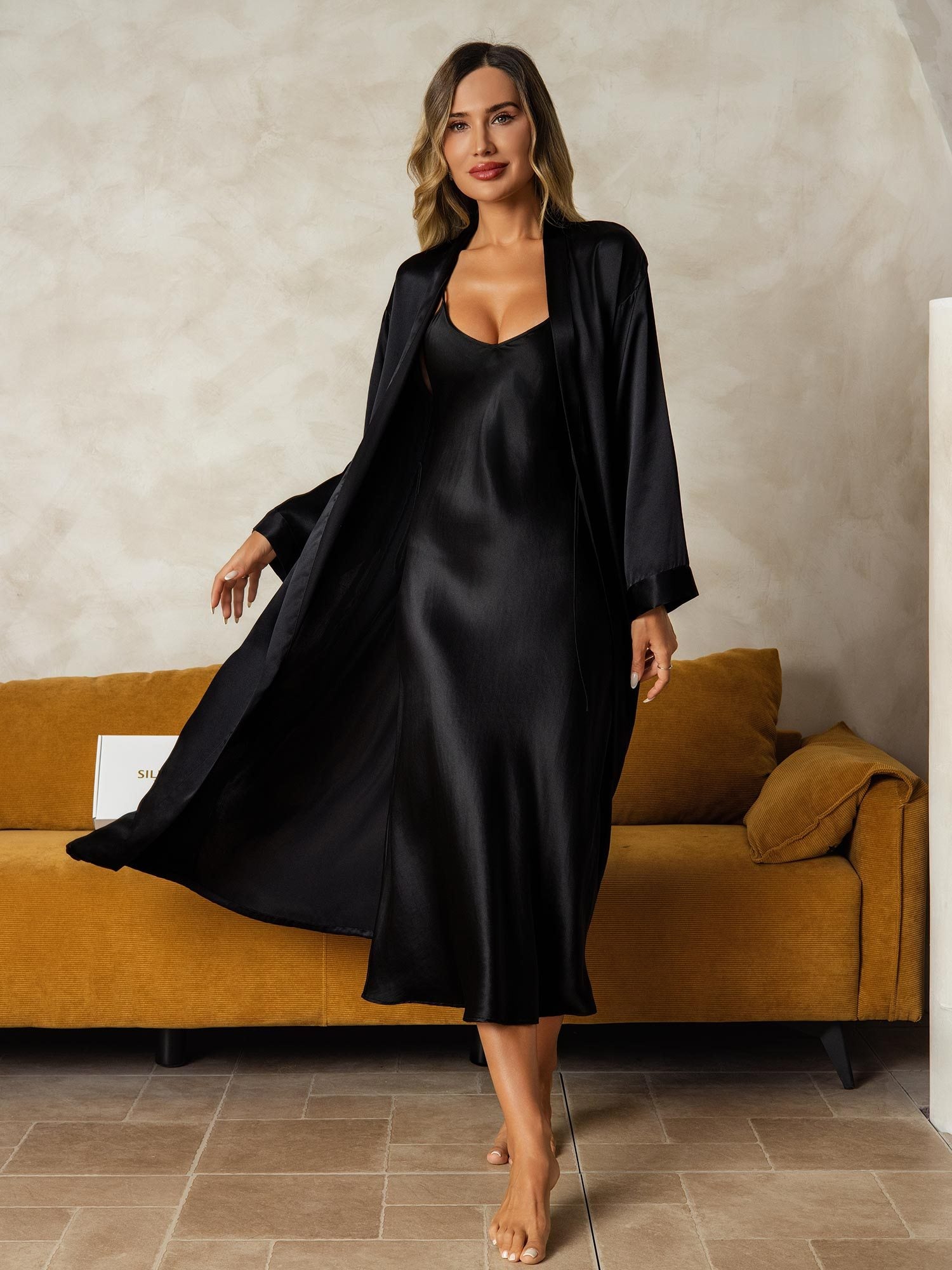 [Black] SilkSilky-AU Pure Silk V Neck Nightgown&Dressing Gown Set 001
