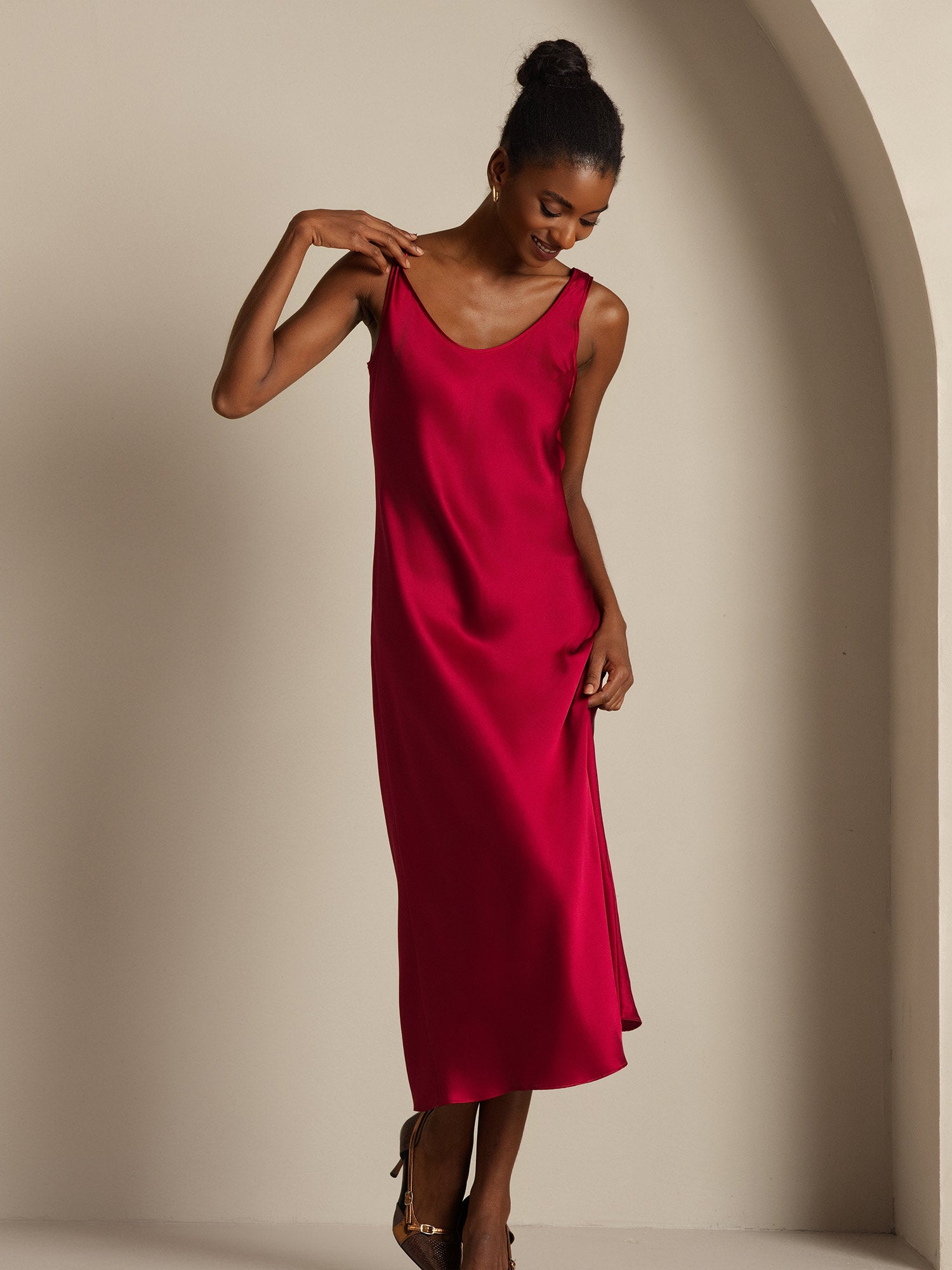 [Wine] SilkSilky-AU Pure Silk Boat Neck Dress 005,