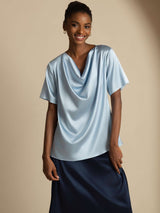 [Grayish Blue] SilkSilky-AU Short Sleeve Cowl Neck Women's Blouse 004
