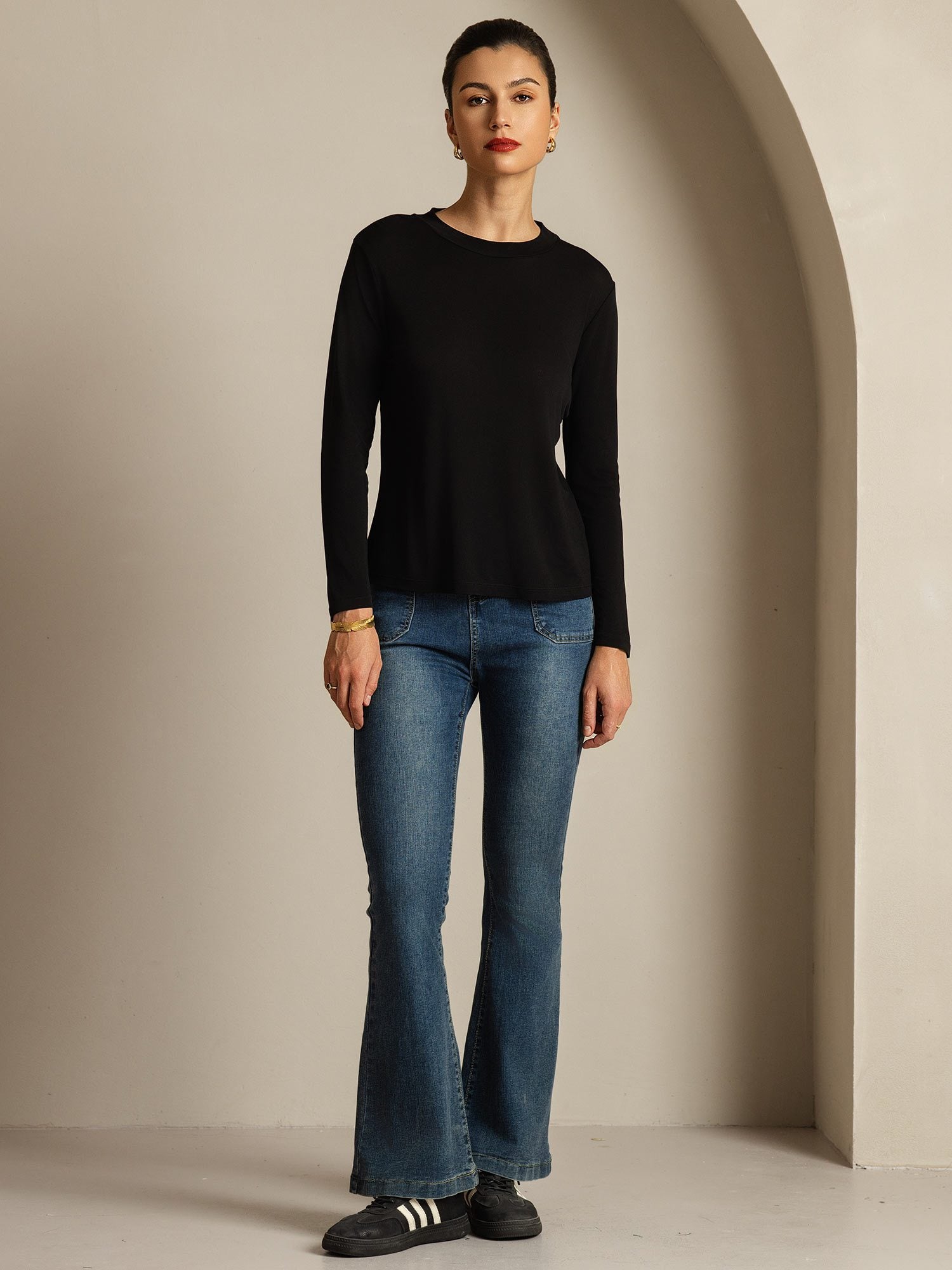 [Black] SilkSilky-AU Pure Silk Round Neck Women's T-Shirt 004