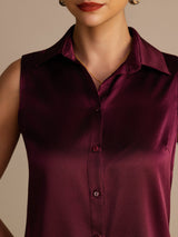 [Dark Red] SilkSilky-AU Sleeveless Lapel Collar Women's Shirt 004