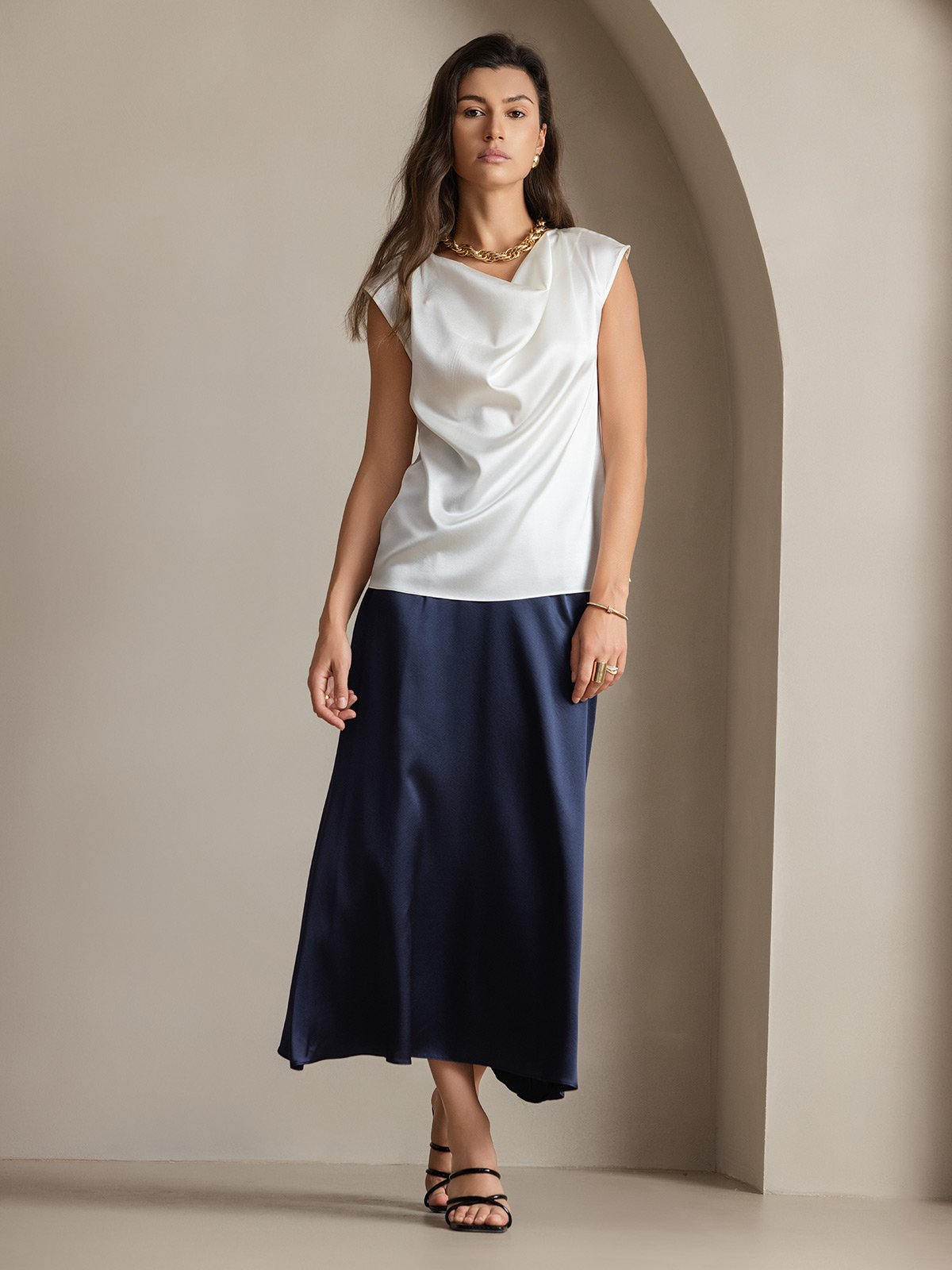 [White] SilkSilky-AU 19Momme Silk Sleeveless Cowl Neck Women's T-Shirt 007