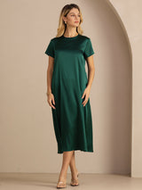 [Dark Green] SilkSilky-AU Short Sleeve Round Neck Dress 005