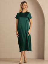 [Dark Green] SilkSilky-AU Short Sleeve Crew Neck Dress 005