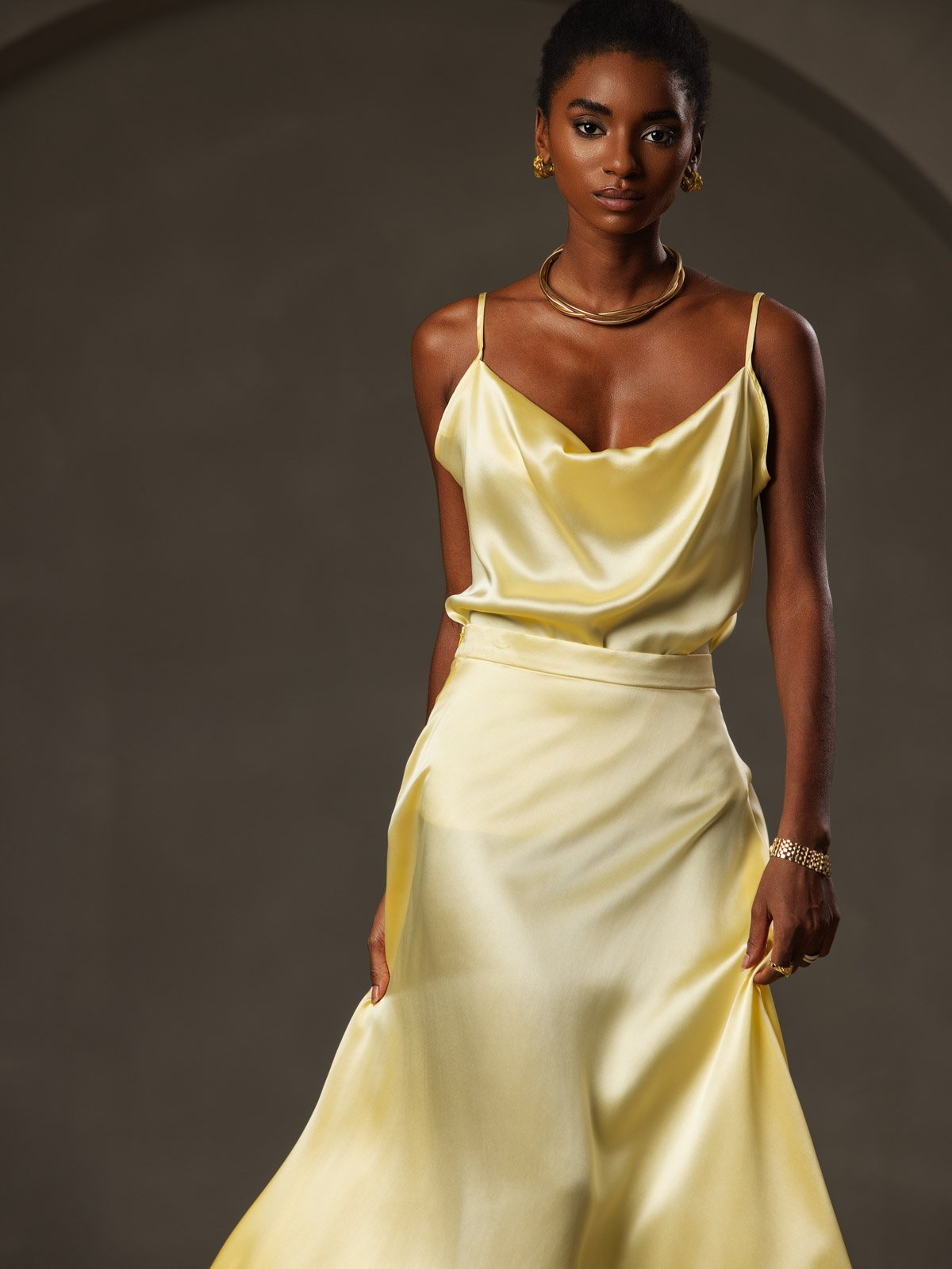 [Yellow] SilkSilky-AU 19Momme Silk Spaghetti Strap Cowl Neck Camisole 003