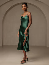 [Dark Green] SilkSilky-AU Spaghetti Strap Cowl Neck Dress 007