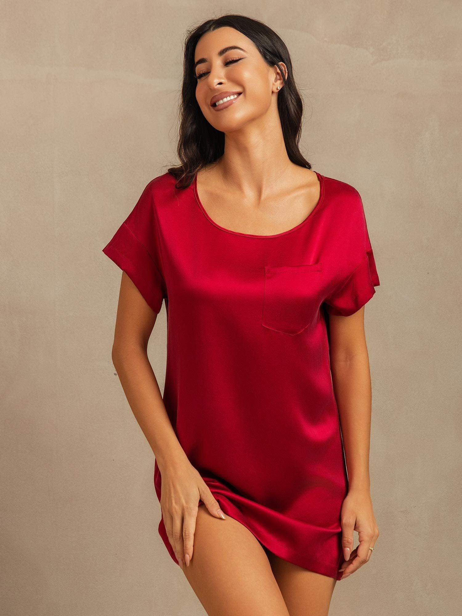 [Wine] SilkSilky-AU 19Momme Silk Round Neck Nightgown 003