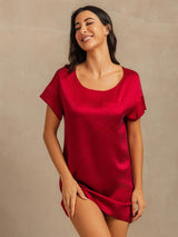 [Wine] SilkSilky-AU 19Momme Machine-Washable Silk Short Sleeve Round Neck Nightgown 003