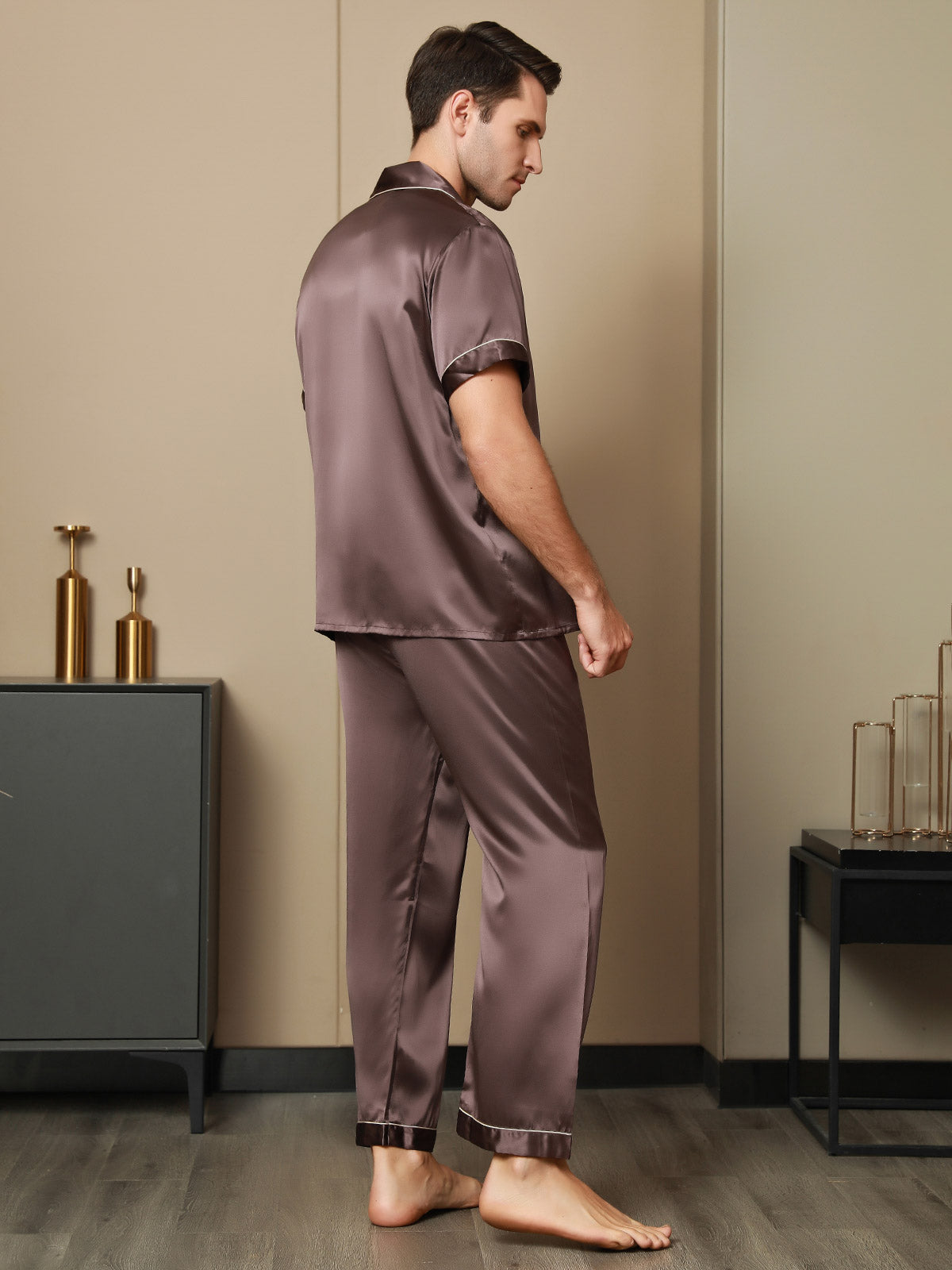 Piping Trim Men‘s Pure Silk Pajama Set 2Pcs