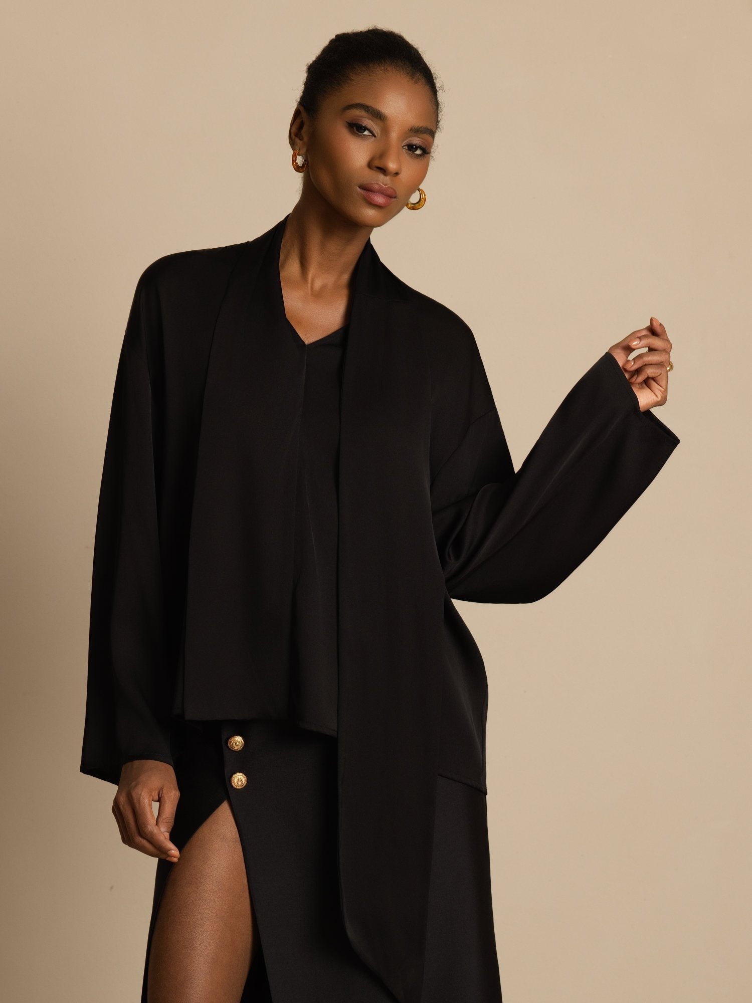 [Black] SilkSilky-AU 19Momme Stretch Silk Double Georgette Long Sleeve V Neck Blouse 004