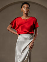 [Wine] SilkSilky-AU 19Momme Stretch Silk Charmeuse Short Sleeve Boat Neck Women's T-Shirt 003