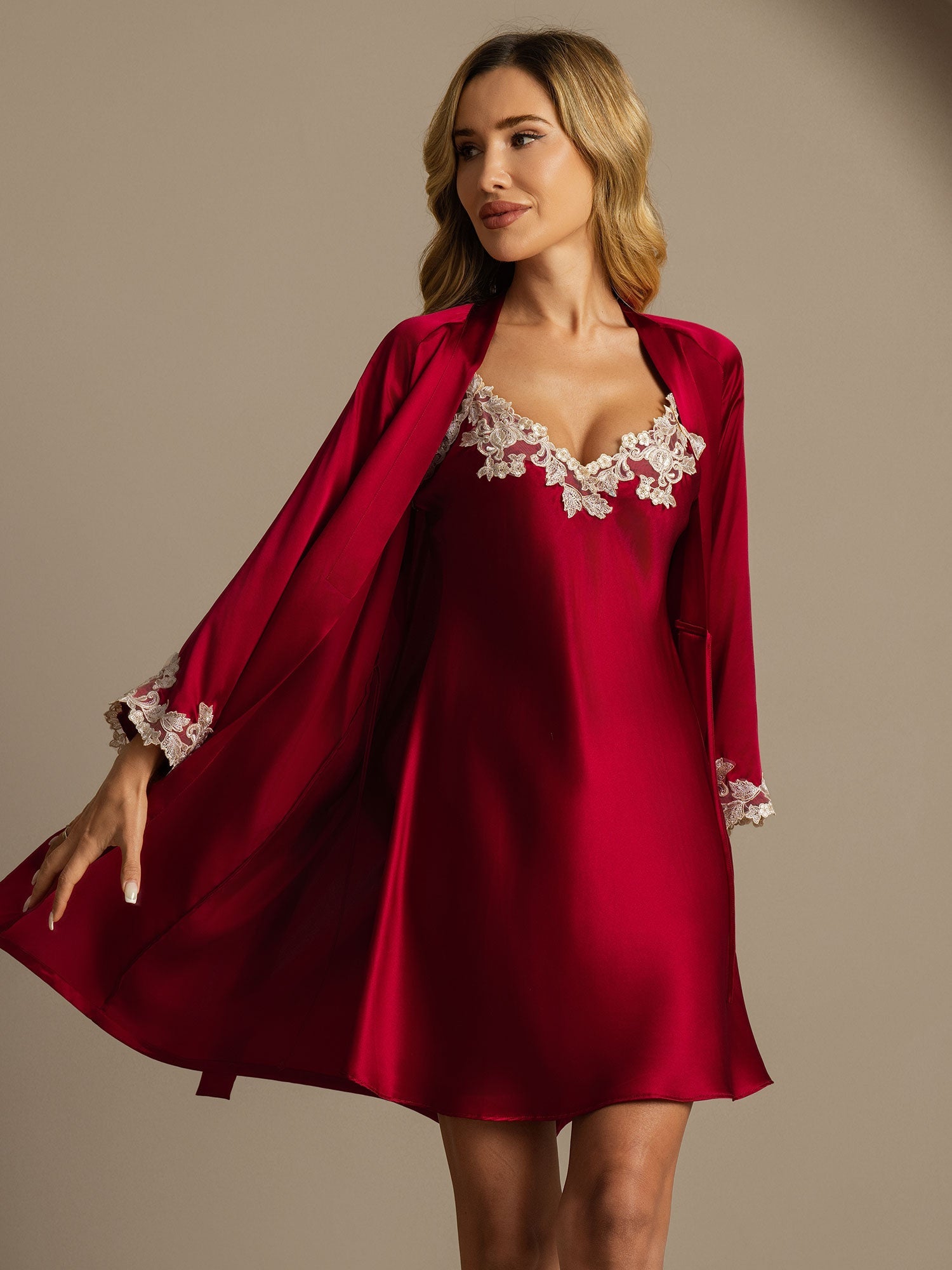 [Wine] SilkSilky-AU Pure Silk V Neck Nightgown&Dressing Gown Set 001,