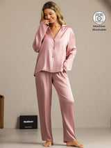 [Peach Skin] SilkSilky-AU 19Momme Machine-Washable Silk Long Sleeve Notch Collar Women's Pyjamas 001