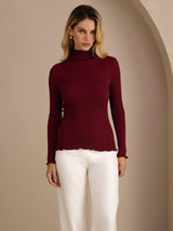 [Wine] SilkSilky-AU Long Sleeve Turtle Neck Women's T-Shirt 001