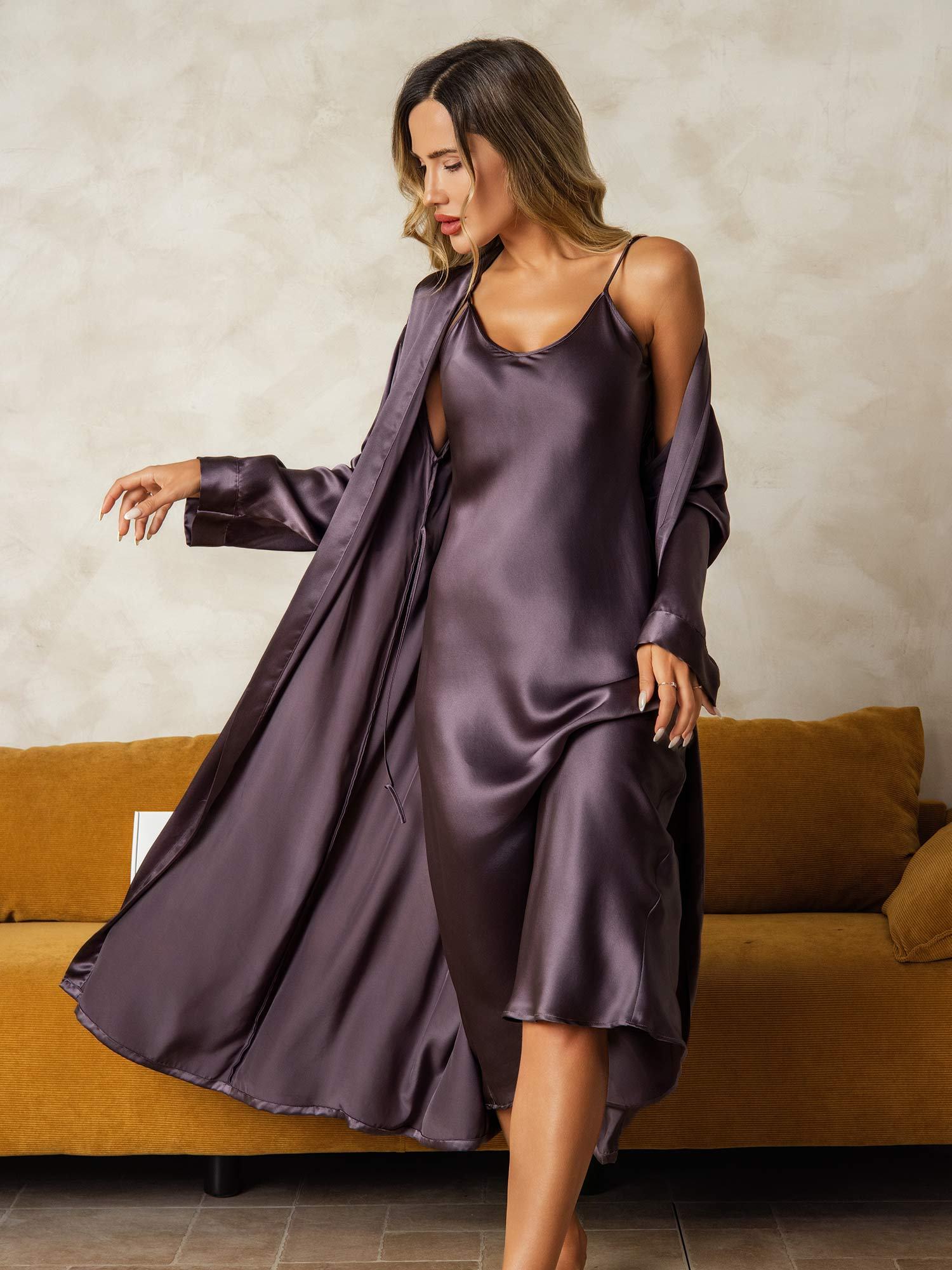 [PurpleGray] SilkSilky-AU Pure Silk V Neck Nightgown&Dressing Gown Set 001